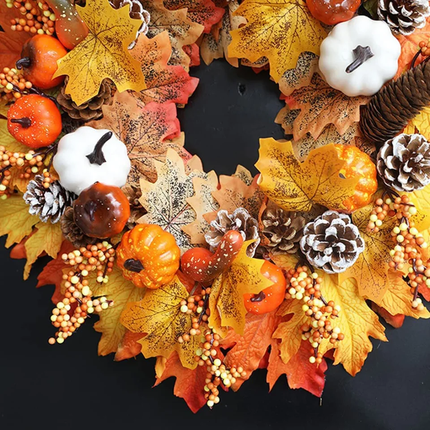 Fall Harvest Wreath with Artificial Maple Leaves, Mini Pumpkins, Pine Cones, Berry Clusters, Autumn Door Decor, Thanksgiving Holiday Theme Harvest Wreath