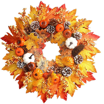 Fall Harvest Wreath with Artificial Maple Leaves, Mini Pumpkins, Pine Cones, Berry Clusters, Autumn Door Decor, Thanksgiving Holiday Theme Harvest Wreath