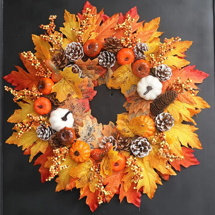 Fall Harvest Wreath with Artificial Maple Leaves, Mini Pumpkins, Pine Cones, Berry Clusters, Autumn Door Decor, Thanksgiving Holiday Theme Harvest Wreath