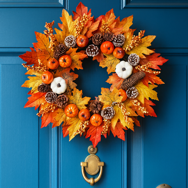 Fall Harvest Wreath with Artificial Maple Leaves, Mini Pumpkins, Pine Cones, Berry Clusters, Autumn Door Decor, Thanksgiving Holiday Theme Harvest Wreath