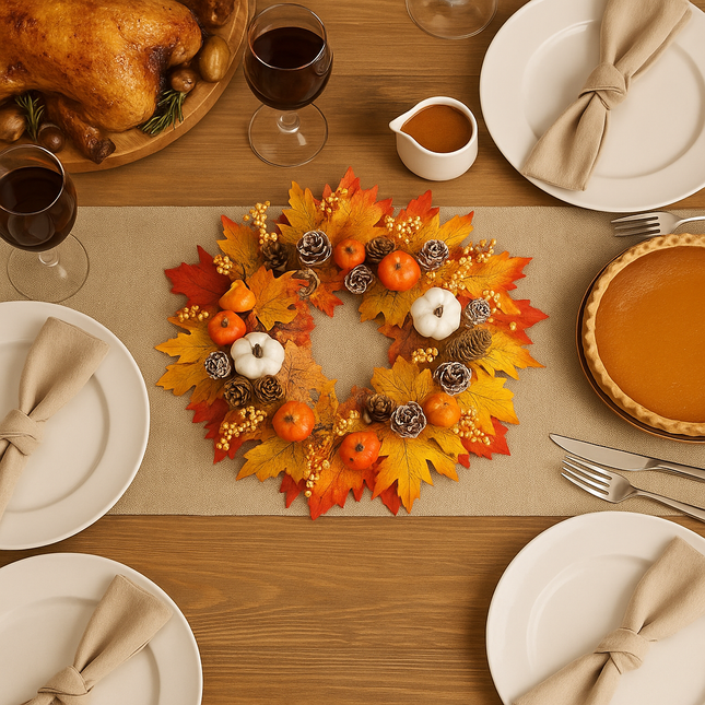 Fall Harvest Wreath with Artificial Maple Leaves, Mini Pumpkins, Pine Cones, Berry Clusters, Autumn Door Decor, Thanksgiving Holiday Theme Harvest Wreath