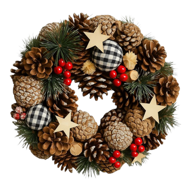 Rustic Christmas Wreath with Pine Cones, Buffalo Plaid Ornaments, Red Berries, Wooden Stars, 12 Inch Holiday Door Wreath for Indoor Outdoor Decor Wreath