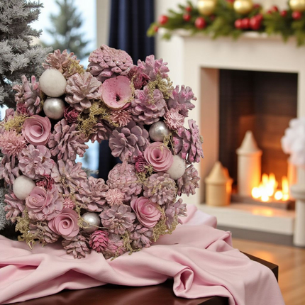 Autumn Decor Collection Pink Holiday Wreath with Roses, Pine Cones, Silver Ornaments, 12 Inch Artificial Christmas Door Wreath for Winter Home Decor Wreath