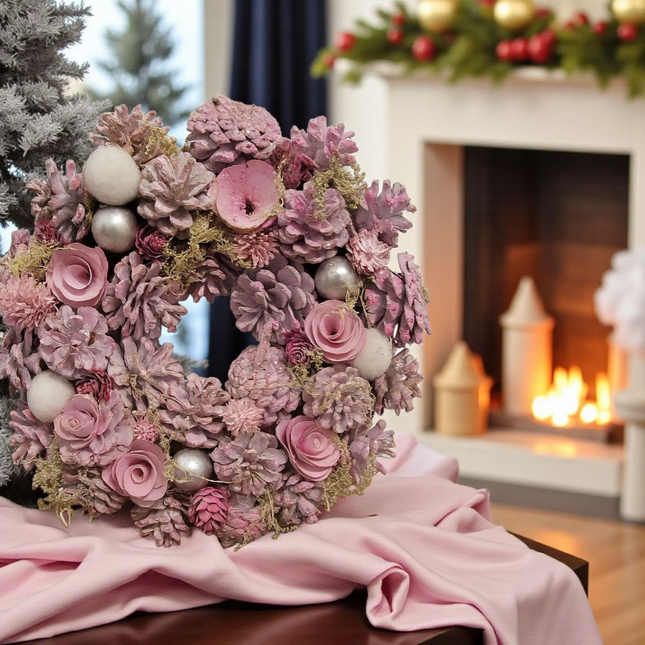 Autumn Decor Collection Pink Holiday Wreath with Roses, Pine Cones, Silver Ornaments, 12 Inch Artificial Christmas Door Wreath for Winter Home Decor Wreath