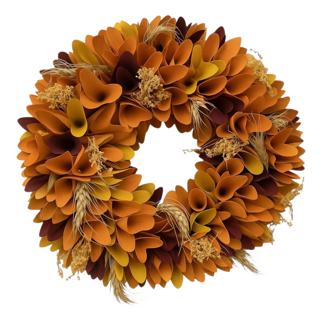 Round Natural Wreath with Orange Maple Leaves, Door Wall Indoor Outdoor Thanksgiving Decor Wreath
