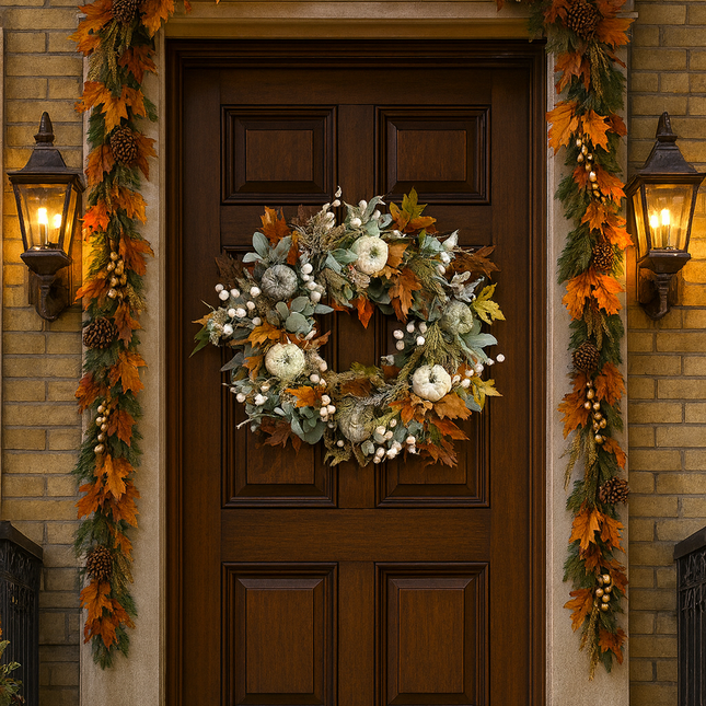 Lamb Ear Autumn Harvest Wreath, 18 Inch Fall Door Wreath with White Pumpkins, Maple Leaves, Eucalyptus, White Berries, Farmhouse Fall Decor for Front Door