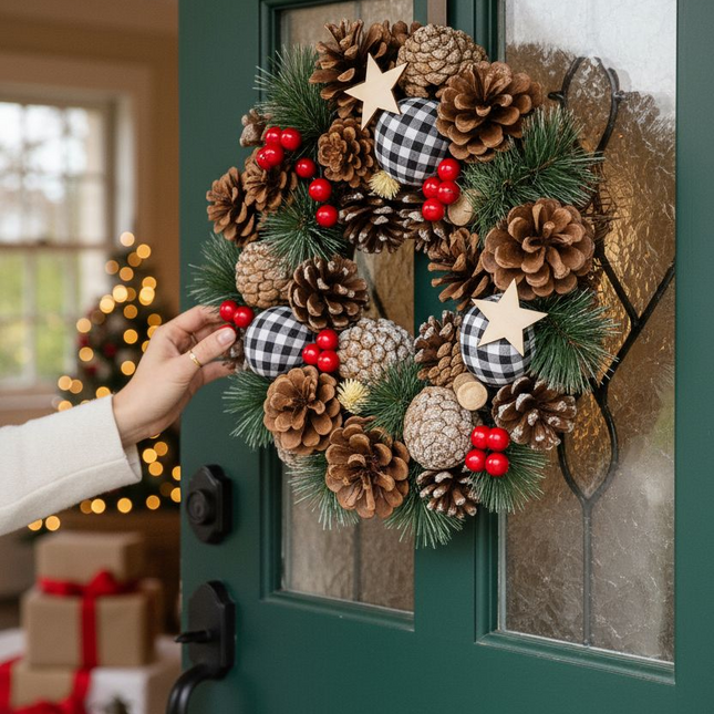 Rustic Christmas Wreath with Pine Cones, Buffalo Plaid Ornaments, Red Berries, Wooden Stars, 12 Inch Holiday Door Wreath for Indoor Outdoor Decor Wreath