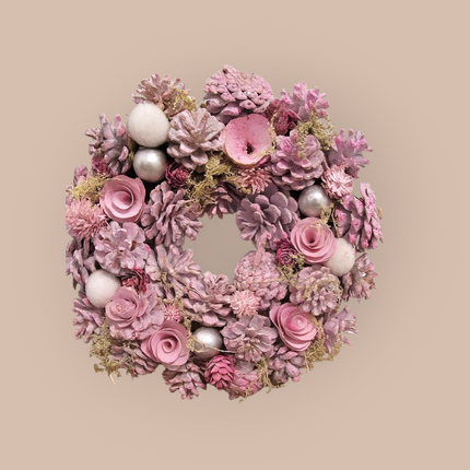 Autumn Decor Collection Pink Holiday Wreath with Roses, Pine Cones, Silver Ornaments, 12 Inch Artificial Christmas Door Wreath for Winter Home Decor Wreath