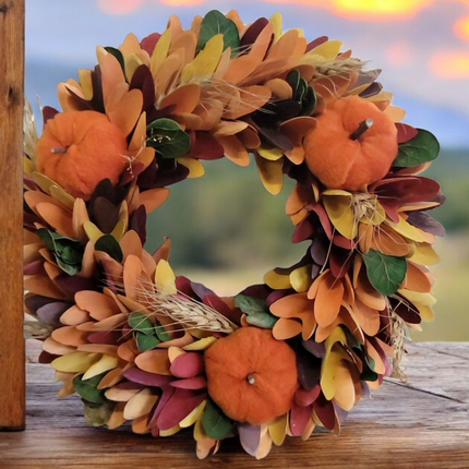 Autumn Decor Collection Fall Harvest Wreath, 12Inch Round Artificial Pumpkin and Maple Leaf Design with Orange and Brown Tones, Indoor Outdoor Wall Mount Decor Wreath