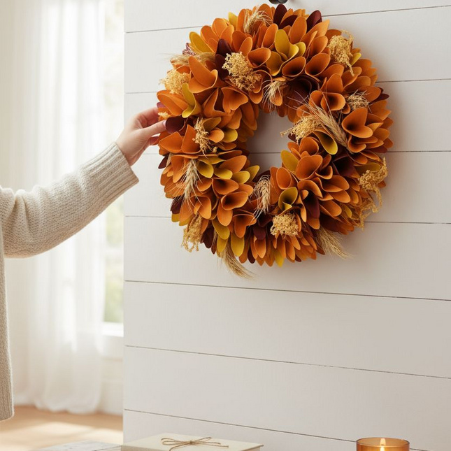Round Natural Wreath with Orange Maple Leaves, Door Wall Indoor Outdoor Thanksgiving Decor Wreath