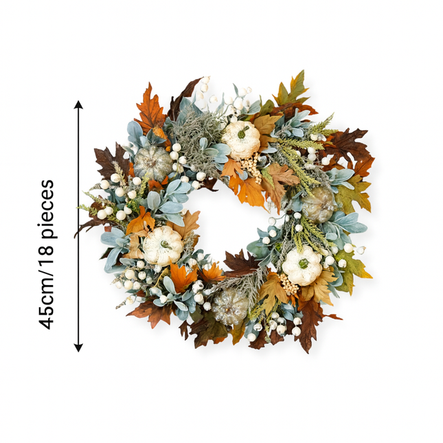 Lamb Ear Autumn Harvest Wreath, 18 Inch Fall Door Wreath with White Pumpkins, Maple Leaves, Eucalyptus, White Berries, Farmhouse Fall Decor for Front Door