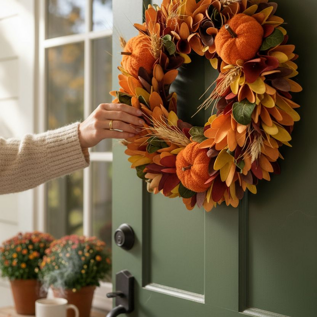 Autumn Decor Collection Fall Harvest Wreath, 12Inch Round Artificial Pumpkin and Maple Leaf Design with Orange and Brown Tones, Indoor Outdoor Wall Mount Decor Wreath