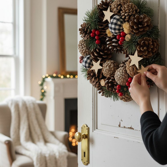 Rustic Christmas Wreath with Pine Cones, Buffalo Plaid Ornaments, Red Berries, Wooden Stars, 12 Inch Holiday Door Wreath for Indoor Outdoor Decor Wreath