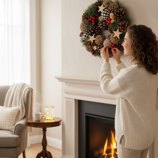 Rustic Christmas Wreath with Pine Cones, Buffalo Plaid Ornaments, Red Berries, Wooden Stars, 12 Inch Holiday Door Wreath for Indoor Outdoor Decor Wreath