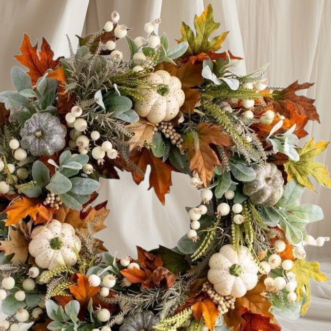 Lamb Ear Autumn Harvest Wreath, 18 Inch Fall Door Wreath with White Pumpkins, Maple Leaves, Eucalyptus, White Berries, Farmhouse Fall Decor for Front Door