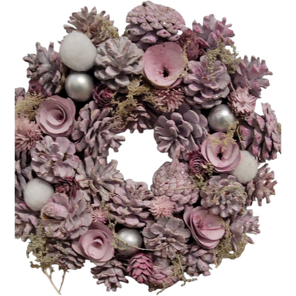 Autumn Decor Collection Pink Holiday Wreath with Roses, Pine Cones, Silver Ornaments, 12 Inch Artificial Christmas Door Wreath for Winter Home Decor Wreath