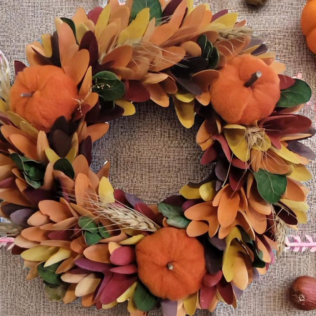 Autumn Decor Collection Fall Harvest Wreath, 12Inch Round Artificial Pumpkin and Maple Leaf Design with Orange and Brown Tones, Indoor Outdoor Wall Mount Decor Wreath