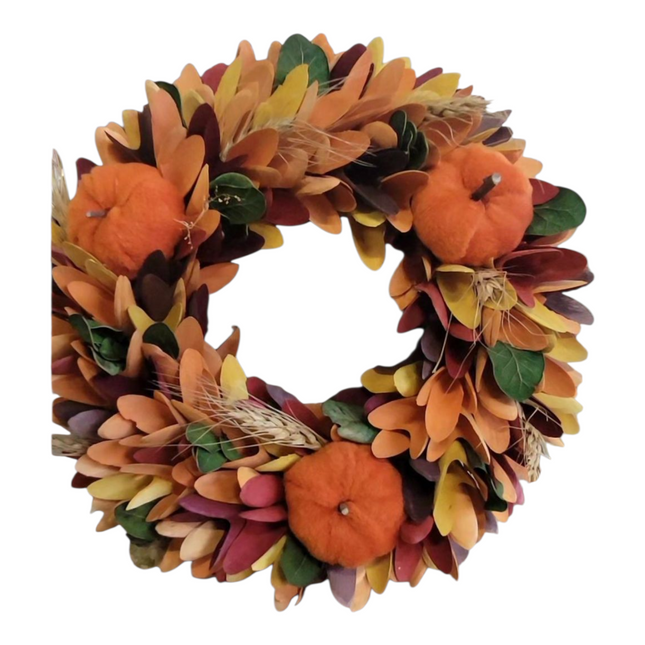 Autumn Decor Collection Fall Harvest Wreath, 12Inch Round Artificial Pumpkin and Maple Leaf Design with Orange and Brown Tones, Indoor Outdoor Wall Mount Decor Wreath