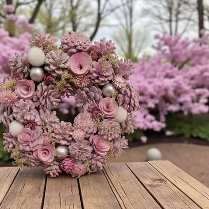 Autumn Decor Collection Pink Holiday Wreath with Roses, Pine Cones, Silver Ornaments, 12 Inch Artificial Christmas Door Wreath for Winter Home Decor Wreath