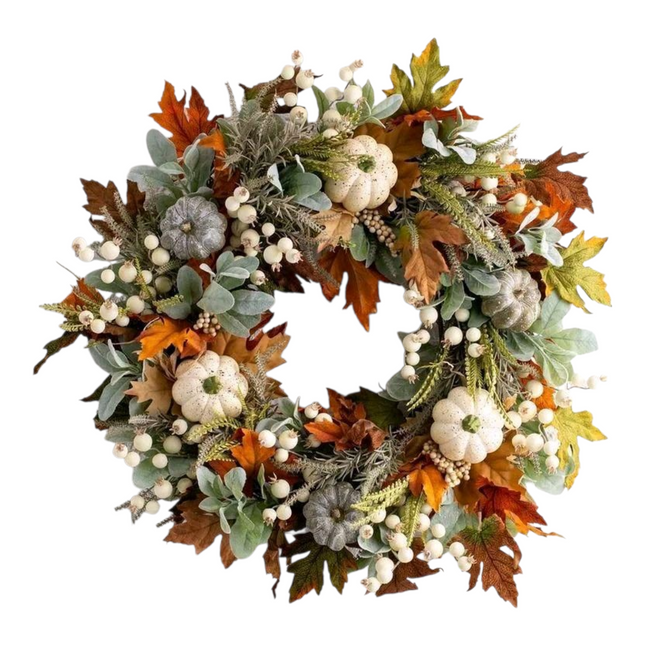 Lamb Ear Autumn Harvest Wreath, 18 Inch Fall Door Wreath with White Pumpkins, Maple Leaves, Eucalyptus, White Berries, Farmhouse Fall Decor for Front Door