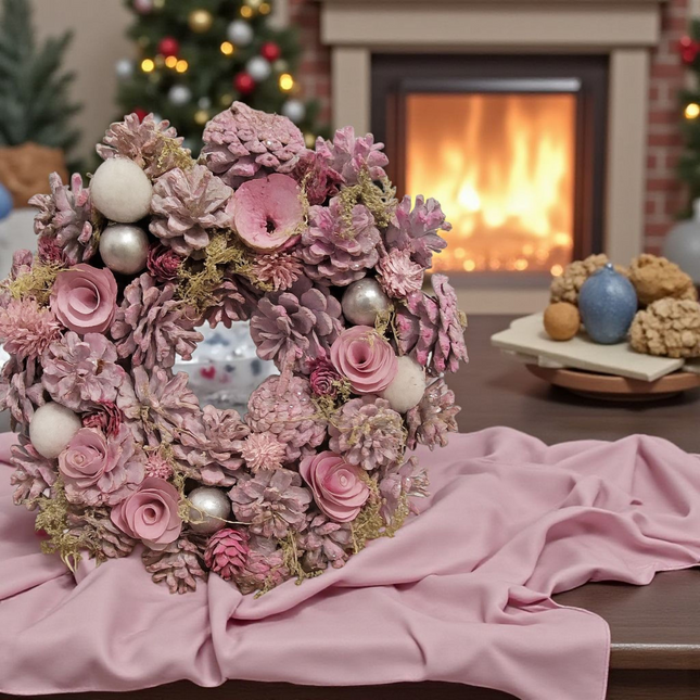 Autumn Decor Collection Pink Holiday Wreath with Roses, Pine Cones, Silver Ornaments, 12 Inch Artificial Christmas Door Wreath for Winter Home Decor Wreath