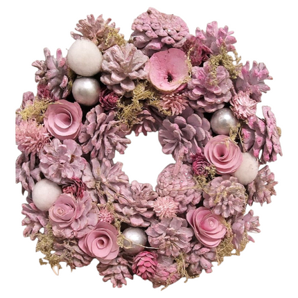 Autumn Decor Collection Pink Holiday Wreath with Roses, Pine Cones, Silver Ornaments, 12 Inch Artificial Christmas Door Wreath for Winter Home Decor Wreath