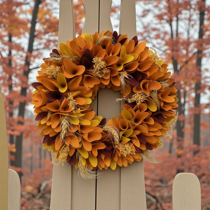 Round Natural Wreath with Orange Maple Leaves, Door Wall Indoor Outdoor Thanksgiving Decor Wreath