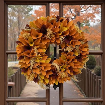 Round Natural Wreath with Orange Maple Leaves, Door Wall Indoor Outdoor Thanksgiving Decor Wreath