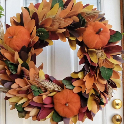 Autumn Decor Collection Fall Harvest Wreath, 12Inch Round Artificial Pumpkin and Maple Leaf Design with Orange and Brown Tones, Indoor Outdoor Wall Mount Decor Wreath