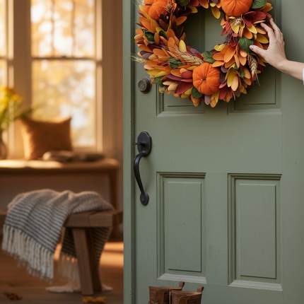 Autumn Decor Collection Fall Harvest Wreath, 12Inch Round Artificial Pumpkin and Maple Leaf Design with Orange and Brown Tones, Indoor Outdoor Wall Mount Decor Wreath