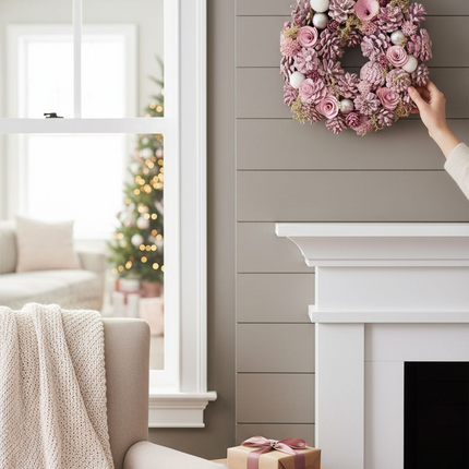 Autumn Decor Collection Pink Holiday Wreath with Roses, Pine Cones, Silver Ornaments, 12 Inch Artificial Christmas Door Wreath for Winter Home Decor Wreath