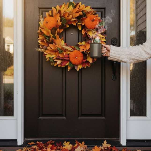 Autumn Decor Collection Fall Harvest Wreath, 12Inch Round Artificial Pumpkin and Maple Leaf Design with Orange and Brown Tones, Indoor Outdoor Wall Mount Decor Wreath