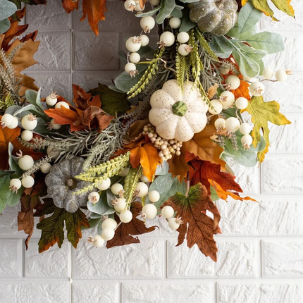 Lamb Ear Autumn Harvest Wreath, 18 Inch Fall Door Wreath with White Pumpkins, Maple Leaves, Eucalyptus, White Berries, Farmhouse Fall Decor for Front Door