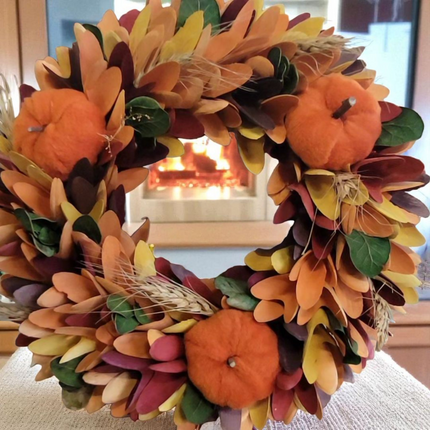 Autumn Decor Collection Fall Harvest Wreath, 12Inch Round Artificial Pumpkin and Maple Leaf Design with Orange and Brown Tones, Indoor Outdoor Wall Mount Decor Wreath