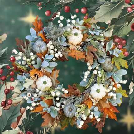 Lamb Ear Autumn Harvest Wreath, 18 Inch Fall Door Wreath with White Pumpkins, Maple Leaves, Eucalyptus, White Berries, Farmhouse Fall Decor for Front Door