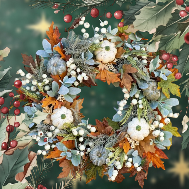 Lamb Ear Autumn Harvest Wreath, 18 Inch Fall Door Wreath with White Pumpkins, Maple Leaves, Eucalyptus, White Berries, Farmhouse Fall Decor for Front Door