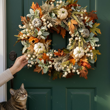 Lamb Ear Autumn Harvest Wreath, 18 Inch Fall Door Wreath with White Pumpkins, Maple Leaves, Eucalyptus, White Berries, Farmhouse Fall Decor for Front Door