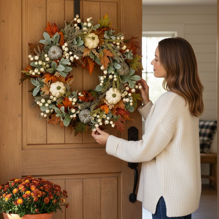 Lamb Ear Autumn Harvest Wreath, 18 Inch Fall Door Wreath with White Pumpkins, Maple Leaves, Eucalyptus, White Berries, Farmhouse Fall Decor for Front Door